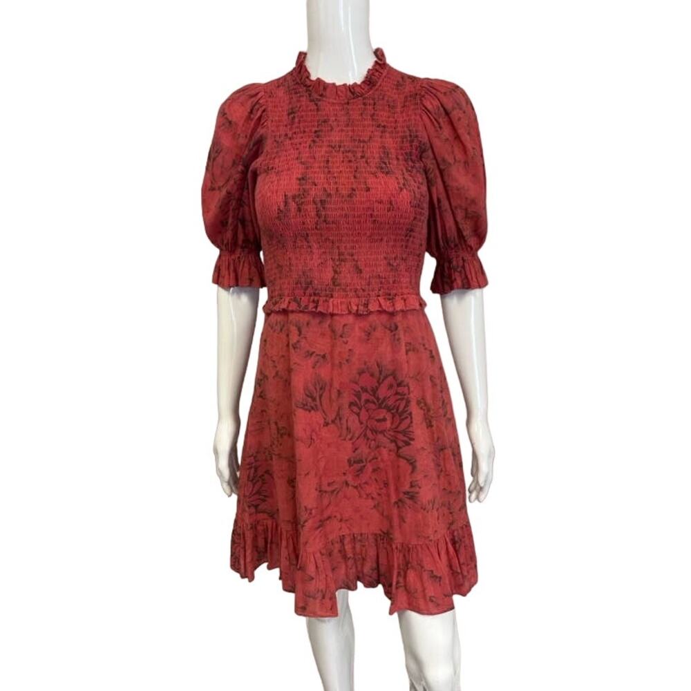 SEA NEW YORK Red Floral Mimi Puffed Ruffle Sleeves Knee-Length Smoked Dress 2 - Picture 1 of 4